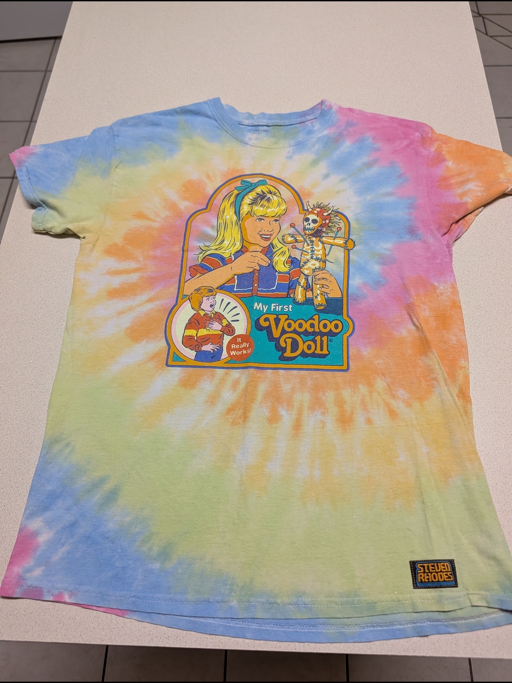 Tie-Dye Short Sleeve Tee with 'My First Voodoo Doll' Graphic - Multicolor